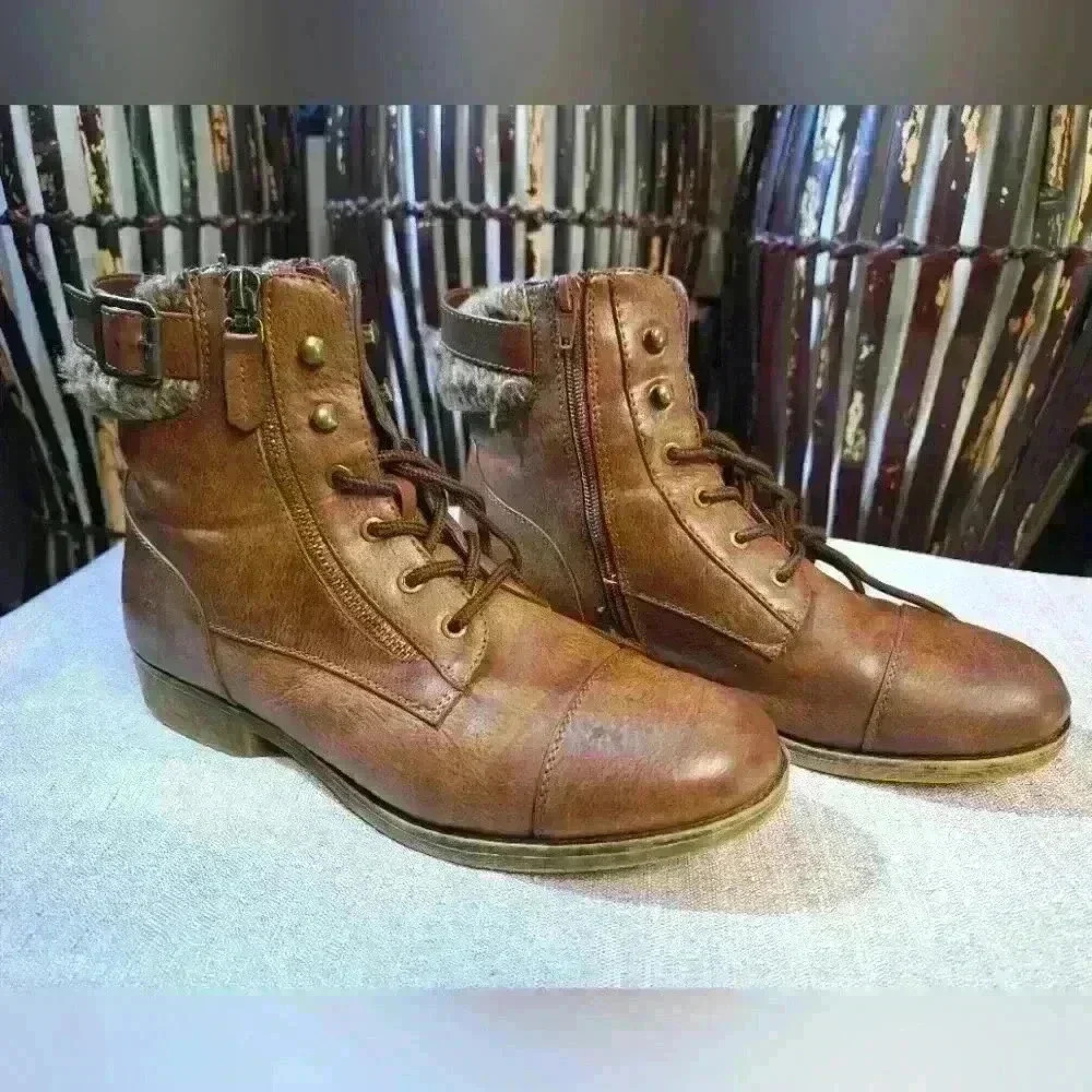 SO Authentic American Heritage Womens Ankle High Combat Boots Follow Cognac Tan